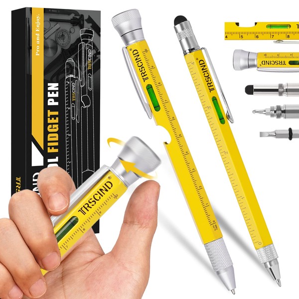 Gifts for Men Dad Husband, Christmas Anniversary Birthday Gifts Idea for Him Man, 10 in 1 Multitool 2pc Pen Set, Stocking Stuffers Tool Gifts for Handyman Boyfriend, Cool Gadgets (Fidget Pen-Yellow)