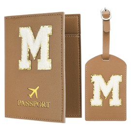 PATIKIL Passport Holder for Travel, Initial Passport Cover and Luggage Tag Set with Alphabet Chenille Letter Patch Travel Wallet Bag Suitcase Identifier for Women Family Travel Brown M