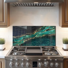 DAIFURONGE Tempered Glass Backsplash for Kitchen,Stove Splashback Protector- Gold Fluid Marble Design |Heat-Resistant Splash Board, Kitchen Wall Decoration (30"x14"(76.2x35.56cm))