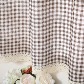 Moslovstar Farmhouse Cotton Linen Tier Curtain 15.7 Inch Long Elegant Floral Lace Window Valance Kitchen Bathroom Short Curtain, 1 Panel, Brown Plaid
