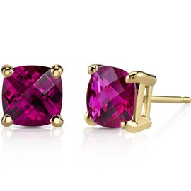 Peora Solid 14K Yellow Gold Created Ruby Stud Earrings for Women, Hypoallergenic Solitaire, Cushion Cut 6mm, 2.50 Carats total, Friction Back, Ruby Gold Stud Earrings, July Birthstone Earrings