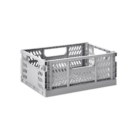 3 Sprouts Recycled Plastic Collapsible Crate - Stackable Foldable Storage Box for Easy Organizing, Durable Folding Crate for Home or Office Use - Medium - Light Grey