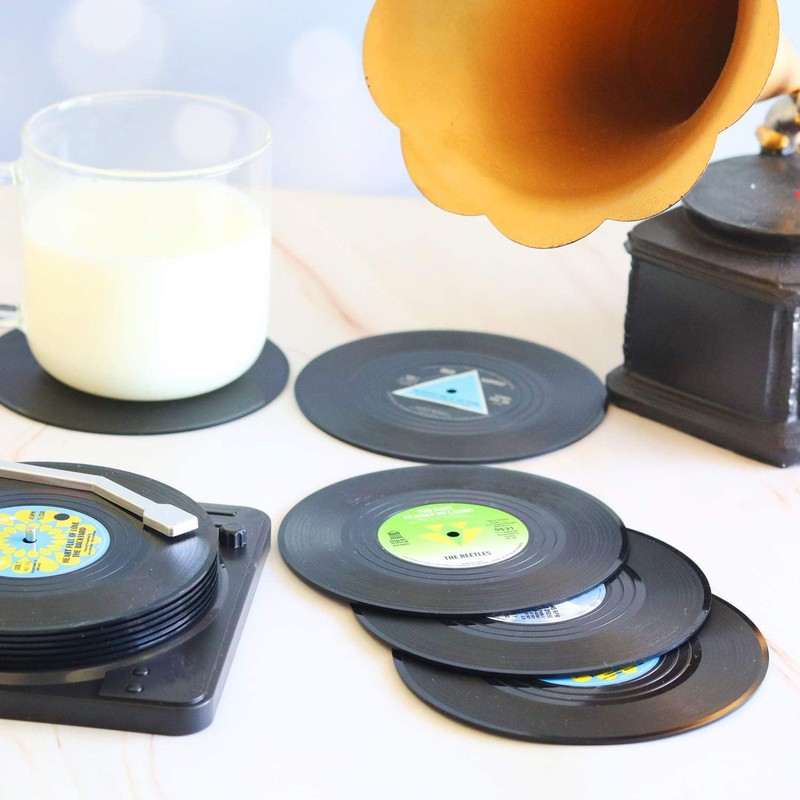 Funny Retro Record Coasters for Drinks with Vinyl Player Holder