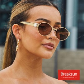 Breaksun Retro Oval Sunglasses for Women Men Fashion Luxury Metal Sun Glasses 90s Vintage Designer style (Gold/Brown)