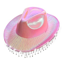 Webeasy Rhinestone Cowgirl Hat with Fringe, Sparkly Cowgirl Hat for Concert Birthday Party Beyonce Renaissance Pink