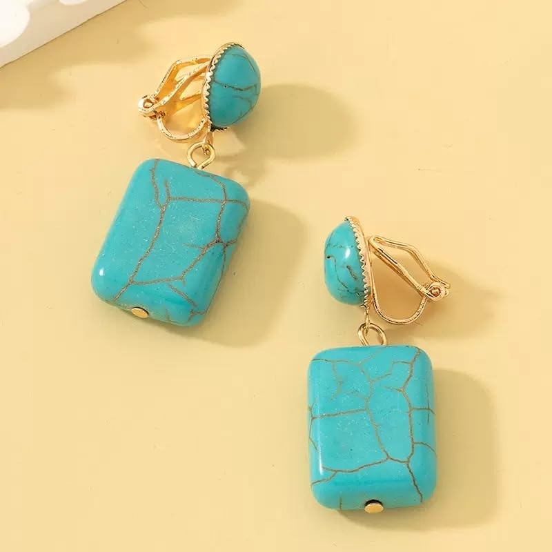 Turquoise Drop Clip-On Earrings, Gold-Tone, Rectangle Stone, 1.5 cm Width