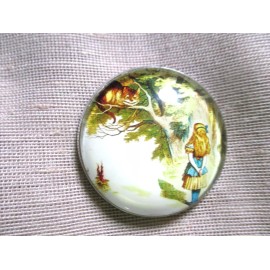 GLASS DOME PICT BUTTON - ALICE & CHESHIRE CAT - ALICE IN WONDERLAND - 30mm