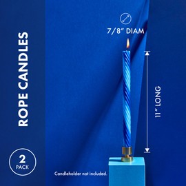 Rope Candles (2 Pack) - Joyful Spiral Design Taper Candlesticks | Bright Colors | 7/8” diam x 11” Length | Designed by Lex Pott | Made in USA (Blue)