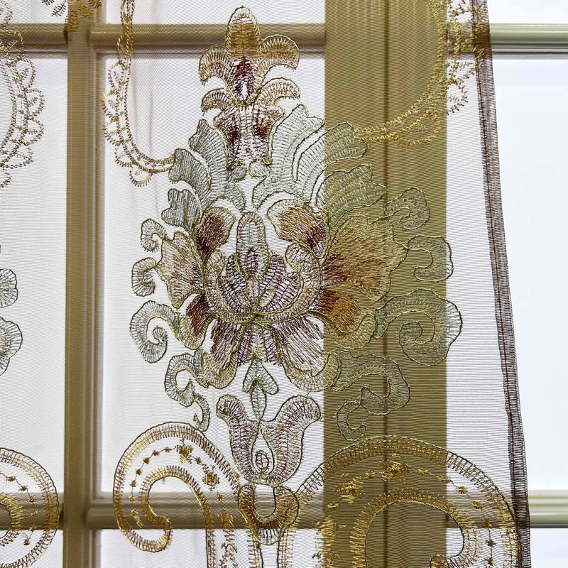 1pc Luxury Brown Embroidered Floral Sheer Tulle Curtain for Bedroom