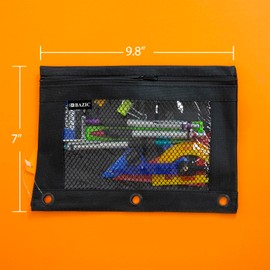 BAZIC Pencil Pouch 3 Ring Binder Pouch w/Rivet Enforced Rings Hole, Black Mesh Window Zipper Pouches, 12-Count