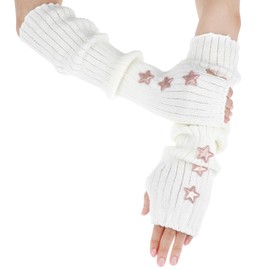 CIATBYYJ Arm Warmers Knit Blend Cute Y2k Harajuku Japanese Style Long Fingerless Gloves for Women Girls, Cold Weather Fsahio Arm Sleeve Thumb Hole Gloves (15.7Inch, White)