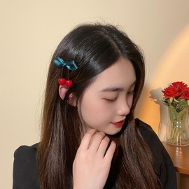 TUCEWP Cherry Hair Clip for Women Girls Kids 2Pcs Cute Red Cherry Hair Pins Nonslip Satin Bow Hair Barrette Snap Sweet Metal Alligator Clips for Long Thick Hair Trendy Lovely Cherry Hair Accessories