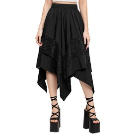 Simlakey Women Renaissance Fairy Skirt Y2K Flowy Skirt Asymmetrical Layered Lace High Waist Gothic Boho Pirate Costume(Black,M)