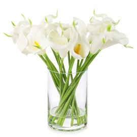 ENOVA FLORAL 20 Pieces Real Touch Lilies Artificial Flowers in Glass Vase, Faux Calla Lily Floral Arrangement with Vase for Home Decor Indoor (White Green)