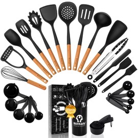 Silicone Kitchen Utensils Set, 25Pcs Nonstick Cooking Utensil Set with Wooden Handle, Heat Resistant Spatula Set for Cooking, BPA Free Silicone Kitchen Gadgets Tools with Spoons,Turners(Black)