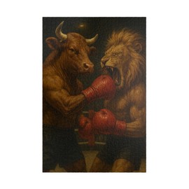 Beastly Bout Jigsaw Puzzle - Lion vs Bull Boxing Match - 110, 252, 520, 1014-piece Options, Fun Family Activity