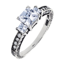 BL Jewelry Vintage Style Sterling Silver Princess Cut Cubic Zirconia Three-Stone Anniversary Ring