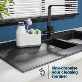 LIVIVO 2-in-1 Sink Caddy and Foam Soap Dispenser, Kitchen and Bathroom Storage, Adjustable Storage Caddy (White)