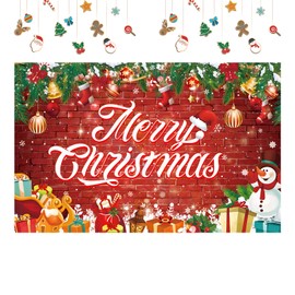 Christmas Banner Backdrop, Large Merry Christmas Banner Decoration, Red Garland Christmas Banner Photo Booth Sign Background Decor, Fabric Xmas Hanging Banner for Indoor Outdoor Party 180x115cm