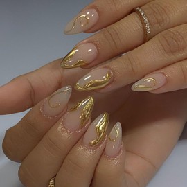 Short Press on Nails Almond Fake Nails with 3D Gold Embossed Designs French Nails Press ons Light Nude Acrylic Nails Full Cover Glue on Nails Glossy False Nails Natural Stick on Nails for Women 24Pcs