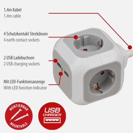 Brennenstuhl Brennenstuhl Alea-Power USB-Charger Steckdosenblock/Steckdosenwrfel 4-Fach (mit 2X USB, 1,4m Kabel und erh?htem Berhrungsschutz)
