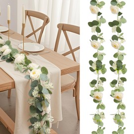 Set of 2 Eucalyptus Garland with Flowers, 6.6Ft Artificial Greenery Flower Garlands,Realistic Fake Rose Vine Faux Greenery for Party Wedding Backdrop Table Home Mantl Decor (champagne color)