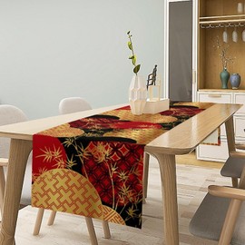 Japanese Table Runner, Asian Chinese Luxury Red Black Gold Bamboo Leaves Print Tabletop Cloth for Dining Table Holiday Party Decorations Oriental Decor, 13x70inch