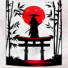 Atrippy Japanese Anime Samurai Tapestry for Bedroom Aesthetic, Black and White Cool Red Sun Wall Hanging, Asian Japanese Bamboo Forest Tapestries Poster Home Decor for Living Room Dorm 51x60 Inches