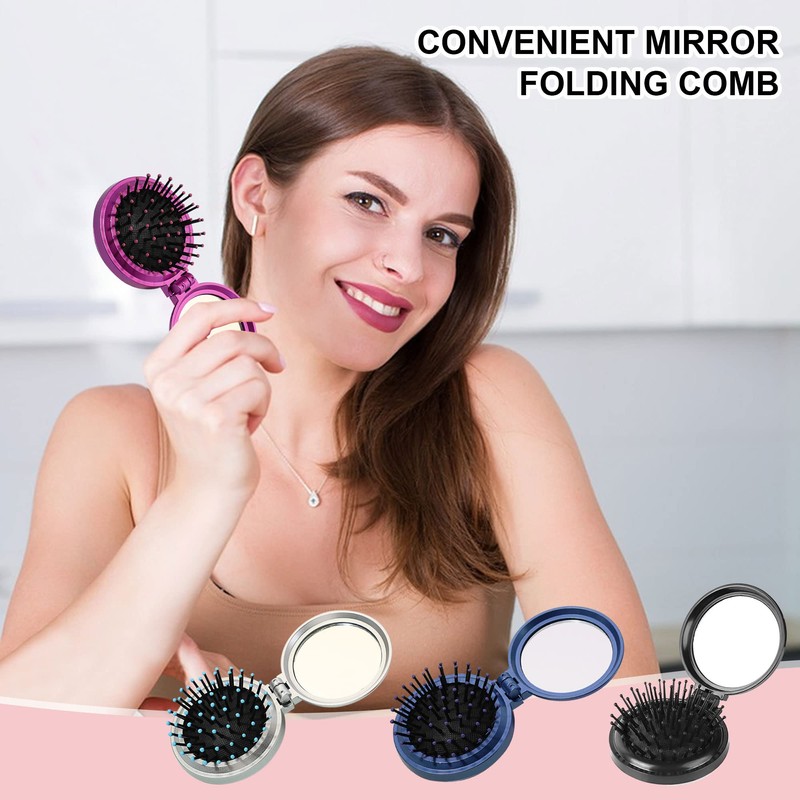 1st Choice Folding Hair Brush with Mirror,Round Mini Compact Massage