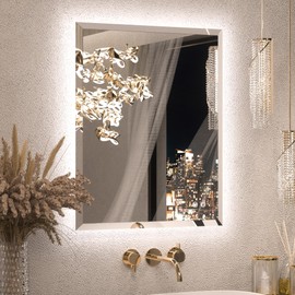 Keonjinn LED Mirror Backlit 24 x 30 Inch, Beveled Bathroom Mirror with Backlight, UL-Listed, Safe Tempered Glass, 3 Color Lights, Dimmable, Defogging, Frameless Lighted Vanity Mirrors for Wall