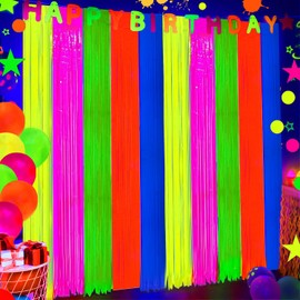 2 Pack Neon Foil Fringe Backdrop Curtain, Glow in The Dark Party Decor 6.6x6.6 Ft for Blacklight Birthday Wedding Neon Party Photo Booth Background Streamers Tinsel Supplies