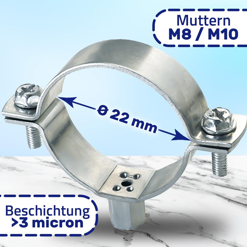 Reinforced Pipe Clamps M8/M10 with Diameter 22 mm or 1/2