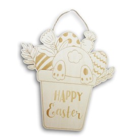 Happy Easter Bunny in Flower Pot Spring Easter Hanging Wall Decor Sign Plaque - 10.5 x 11 Inches