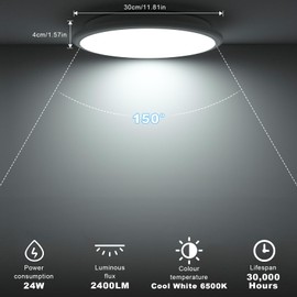 LUTW LED Ceiling Light 24W, Round Flush Ceiling Light 6500K Cool White 2200lm, Waterproof IP54, Ceiling Lamp for Bathroom, Kitchen, Corridor, Bedroom, Office, Ø30cm