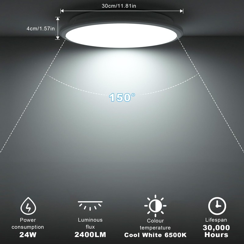 LUTW LED Ceiling Light 24W, Round Flush Ceiling Light 6500K