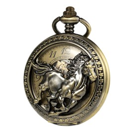 TREEWETO Antique Mechanical Bronze Pocket Watches for Men 3D Horse Pattern Pocket Watch with Chain Skeleton Dial Arabic Numberals