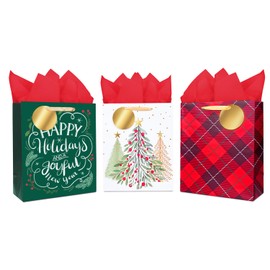 LaRibbons 13" Large Christmas Gift Bags with Red Tissue Paper and Tags – 3 Pack Holiday Bags, Red Plaid, Tree & Happy Holidays Design, Perfect for Family, Friends, Teachers, Coworkers
