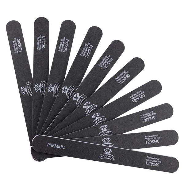 MAKARTT Nail Files 120 240 Grit for Poly Nail Extension Gel Acrylic Nails Files Double Sided Black Washable 10 Nail File Set Manicure Tools F-01