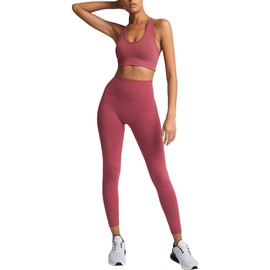 HAODIAN - Conjunto de 2 piezas de yoga para mujer, leggings de cintura alta con brasier deportivo, ropa de gimnasio, Rojo (Rust Red), L