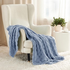 Bedsure Fleece Throw Blanket for Sofa - Soft Checkered Single Blankets for Women, Fluffy Cosy Warm Blanket for Bed, Blue, 130x170 cm