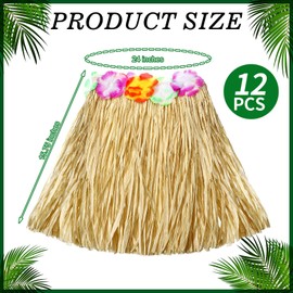 Janmercy 12 Pack Natural Raffia Luau Hula Skirt Hawaiian Tropical Flowered Grass Outfit for Party Decoration(15.75 Inch)
