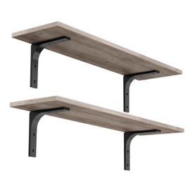 HOOBRO Floating Wall Shelves, 23.6 Inch Floating Shelves Set of 2, Wall Mounted Shelf Storage Shelves with Metal Brackets, for Living Room, Bedroom, Study, Bathroom, Greige and Black BG62BJP201