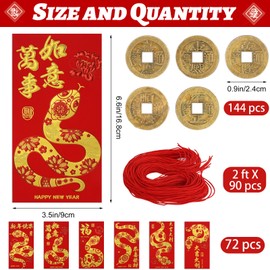 Chinese Lunar New Year Red Envelopes Coin Set, 72 Pcs Large Red Envelope Packet 144 Pcs Lucky Fortune Money 2025 Chinese Lunar Year of the Snake Lai See Hong Bao for Spring Festival 3.5 x 6.7 In