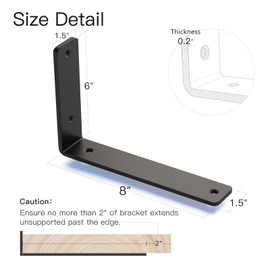 6 Pack 8 Inch Floating L Shelf Brackets for DIY,1/5 Inch Thick Heavy Duty Metal Shelf Bracket for Wall,Premium Black Powder Coated Steel