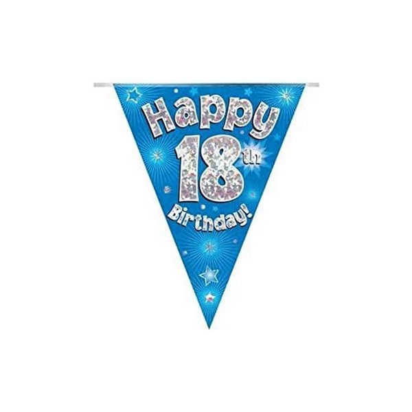 Happy 18th Birthday Blue Holographic Foil Party Bunting 3.9m Long 11 Flags by Oak Tree