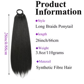 Braiding Ponytail Extension Warp Around Pony Tail 26inch Long Synthetic Yaki Straight Braiding Hair Ponytail DIY Braided Pony Tails for Women Girls Daily Party Cosplay (1B, 26inch/65cm)