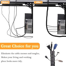 Black Spiral Winding Cable Management Pipe Wire Wrap Line Coiled Tube, Flexible Cord Covered Protective Bundler Sleeve Hose for Office, Computer, TV, and Car (Length 10ft- Dia 1.1inch)