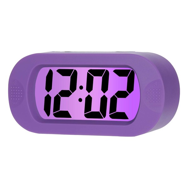 Plumeet - Reloj despertador para niños, con visualización LCD digital grande, con luz nocturna, sonido ascendente y tamaño de mano, el mejor regalo para niños (morado)