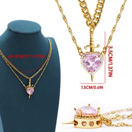 BYETOCE Heart and Sword Couples Necklace - Gold Stainless Steel Pink Zirconia Chain - Trendy Matching Sword Through Heart Necklace Set - Romantic Necklaces for Friends