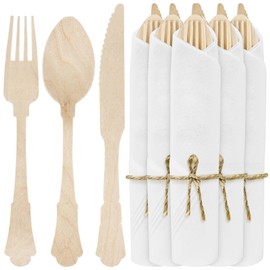 30Pack Pre Wrapped Disposable Wooden Cutlery - Pre Rolled Wooden Cutlery with Napkins, Wrapped Wooden Silverware Set Disposable, Biodegradable Disposable Wooden Cutlery with Napkins for Wedding